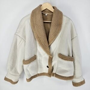 Womens Ivory Faux Shearling Jacket Tan Fur Trim Button Front  large L Cozy Chic
